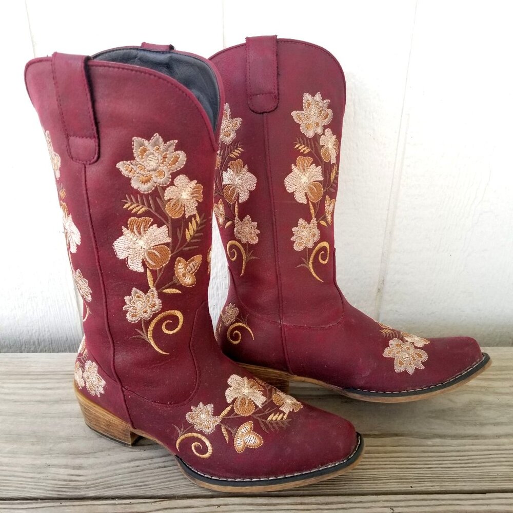 Roper Flower Embroidery Womens Wine Cowboy Western Boots 9 M - Picture 3 of 13